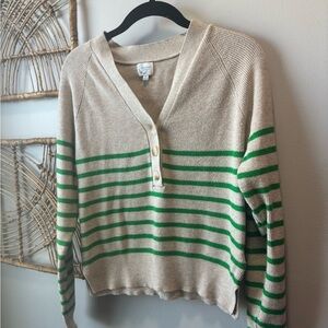 Francesca’s Blue Rain Cream & Green Striped Henley Pullover Long Sleeve | Size M